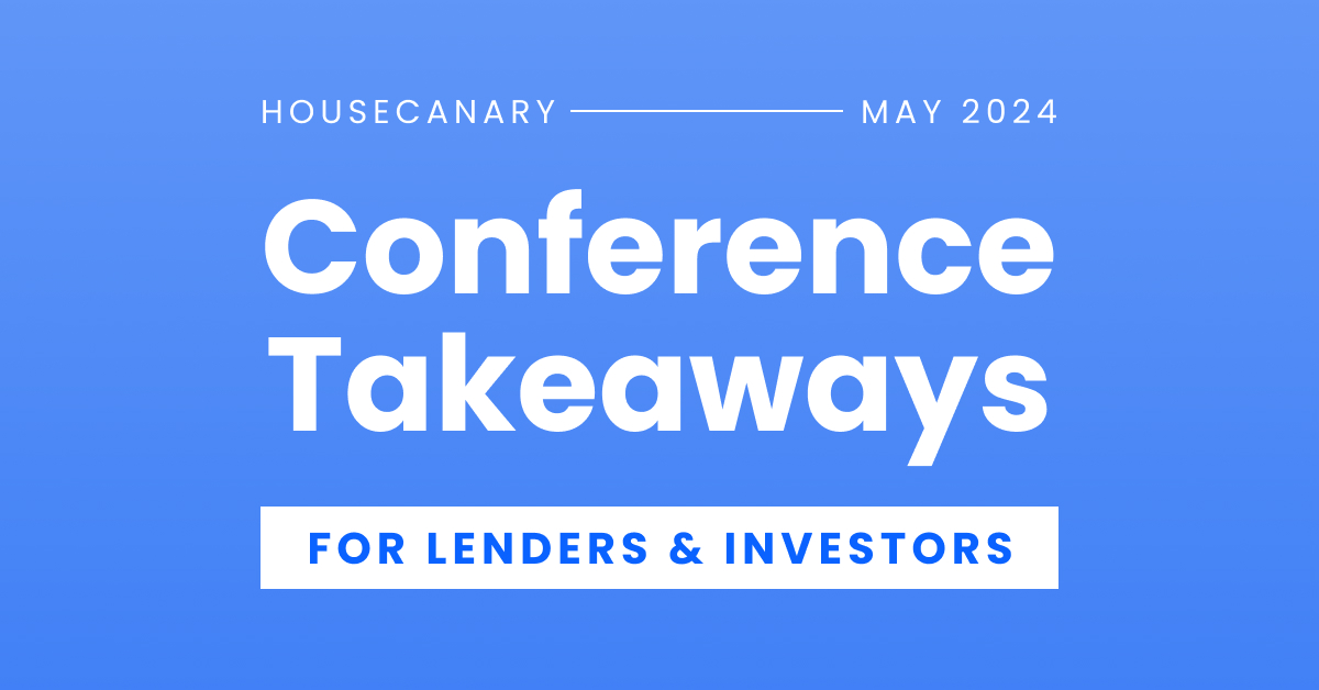 White text on a medium blue background. Text says "HouseCanary May 2024 Conference Takeaways for Lenders & Investors".