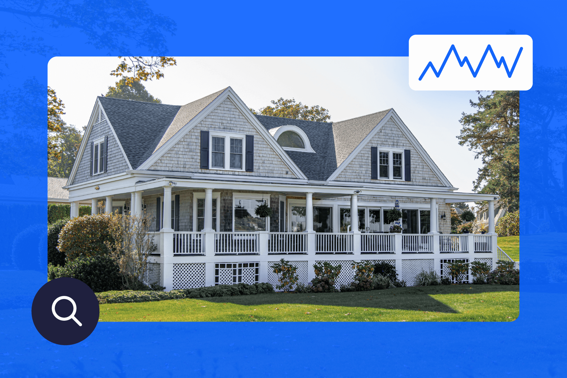 Single-family residence with stylized blue effects like a search bar and line graph