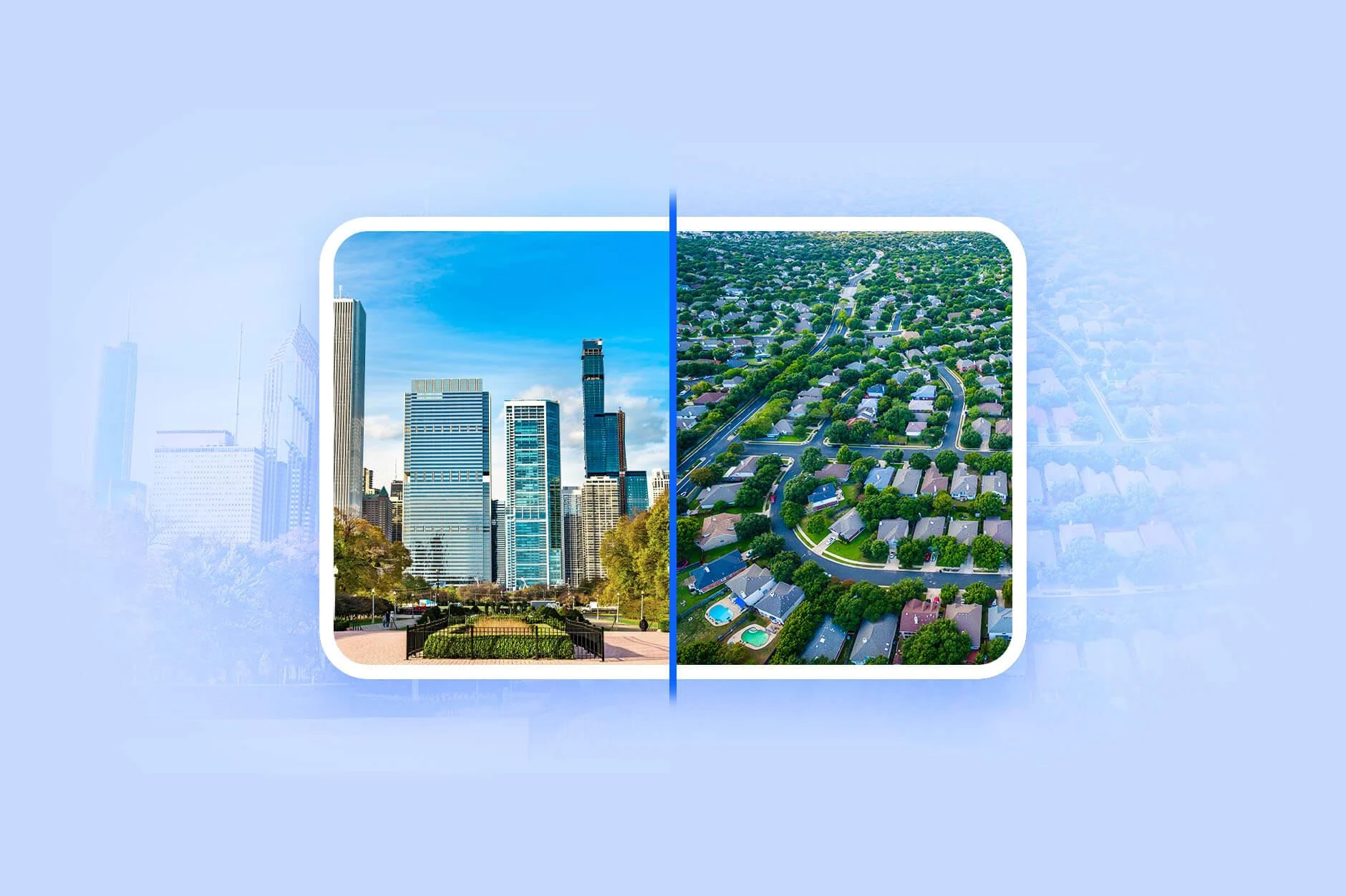 Cities vs. suburbs: a Chicago skyline beside a suburban aerial view