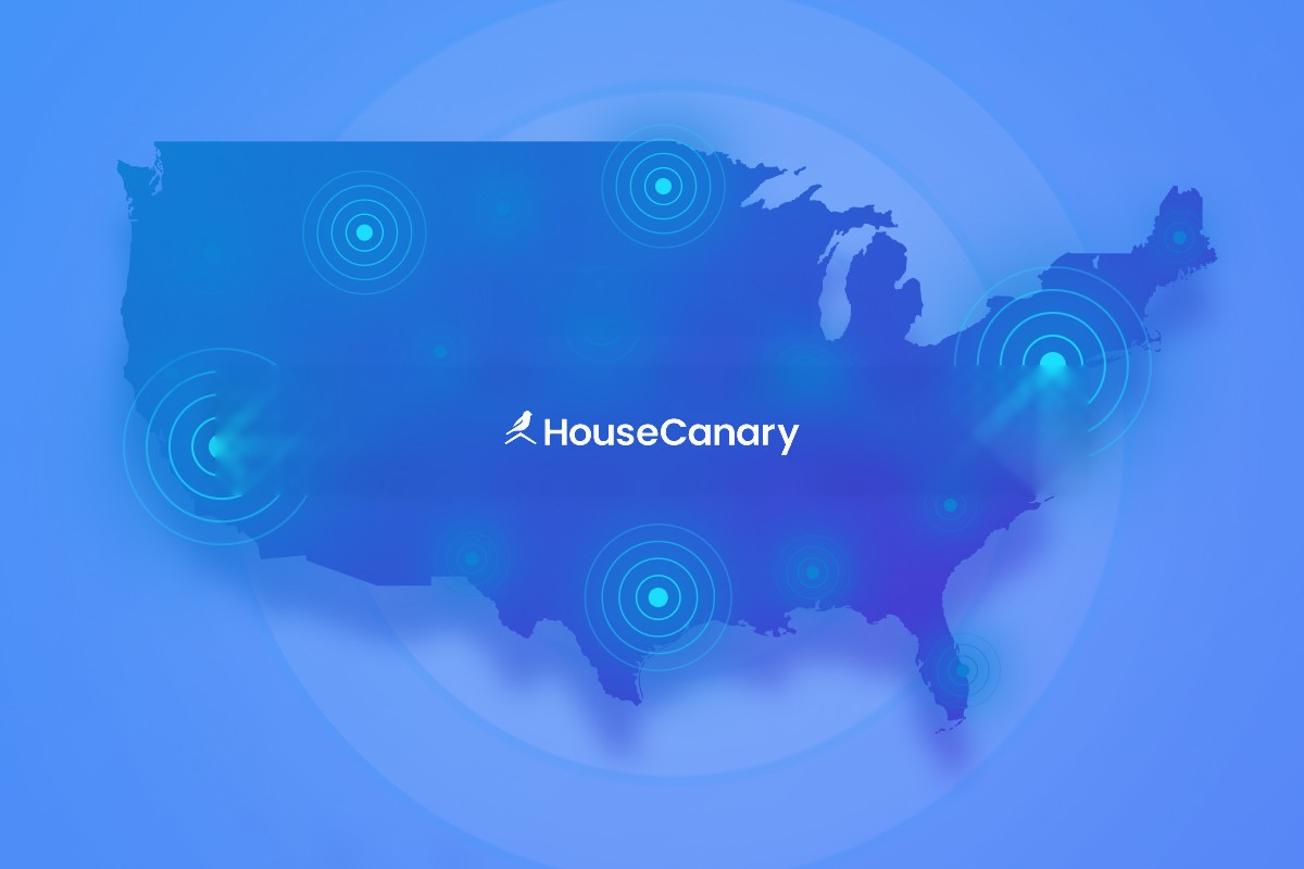 Map of the United States with HouseCanary branding and location pulse markers, representing the nationwide expansion of the Google listings program