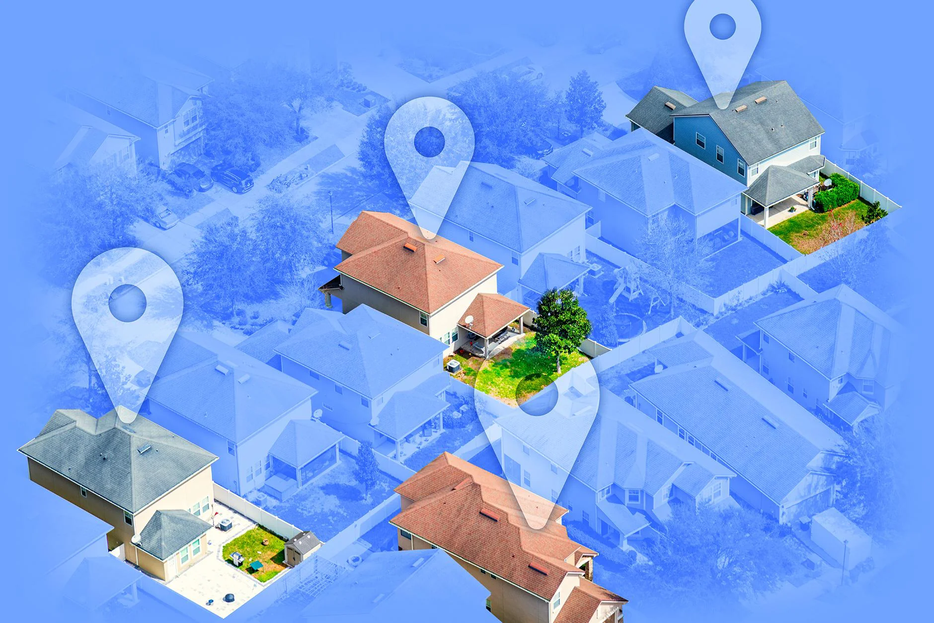 Residential neighborhood with Google Maps style pins over houses